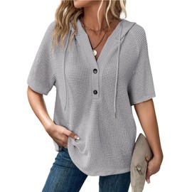 Dokotoo Oversized T Shirts for Women Button Down Drawstring V Neck Short Sleeve Hoodies Casual Spring Summer Tops Lightweight Loose Blouse Cozy Pullover Hooded Sweatshirt Trendy Clothes Grey Large