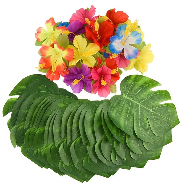 Adorox 96 Piece Tropical Jungle 8" Leaves Hawaiian Hibiscus Flower Luau Party Pack