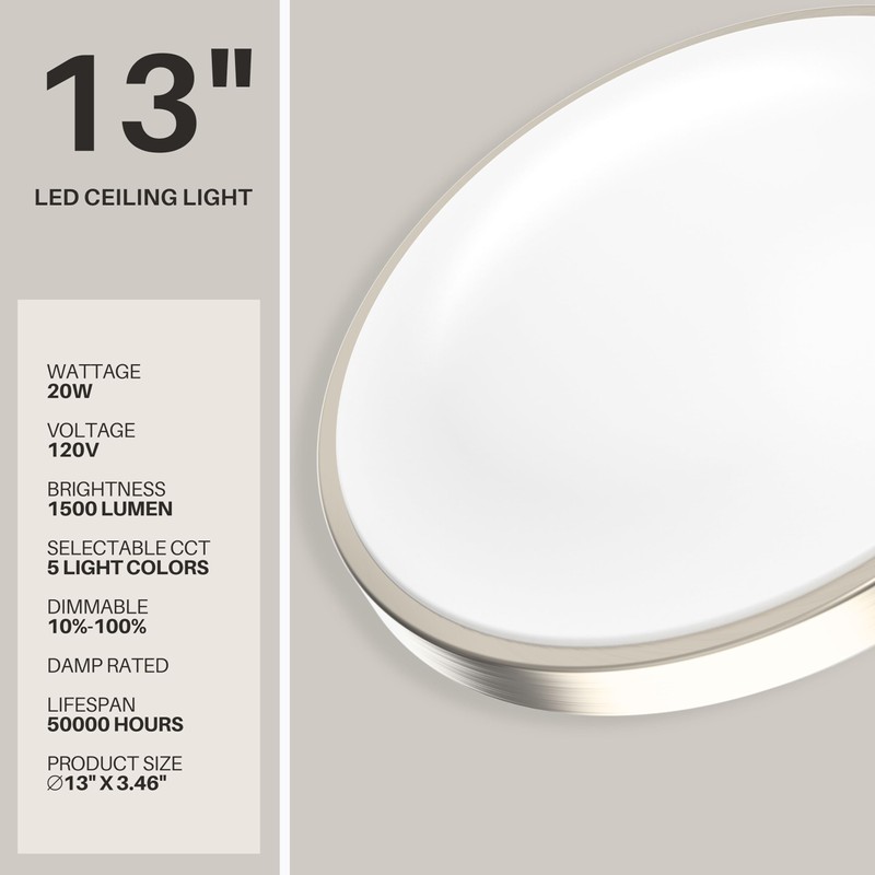 13" LED Flush Mount Ceiling Light Brushed Nickel Dimmable Adjustable