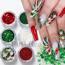 Christmas Nail Art Glitter Sequins 3D Holographic Winter Snowflake Nail Art Glitter Flakes Red White Green Glitter Designs Xmas Nail Decorations with Cuticle Pusher for Acrylic Nails Supplies 6 Grids