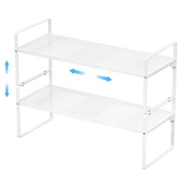 GEDLIRE Expandable Kitchen Cabinet Shelf Organizer 2 Pack, Stackable Metal Pantry Storage Shelves, Adjustable Counter Shelf Organizer Rack for Kitchen Cabinets, Cupboard, Countertop, Closet, White