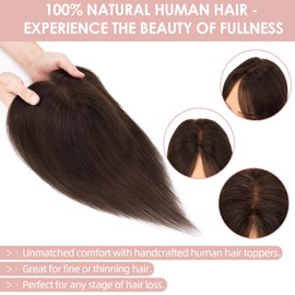 Silk-co Hair Topper Real Hair 21 g, 8 x 11 cm Hand-Tied Base Toupee Women, Clip-In Hairpieces with Lace Silk Base, No Fringe, 27 cm, #02 Dark Brown