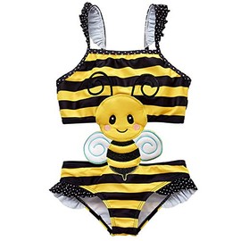 Coralup Traje de baño de una sola pieza con diseño de cisne flamenco, sin mangas, diseño de rayas, Abeja encantadora, 2-3T