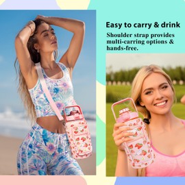 Mindunm 64 oz Water Bottle with Straw Sleeve & Strap Motivational Half Gallon Water Jug with Handle for Gym Women Men Aesthetic Water Bottle with Strap Strawberry Cat