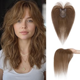 Hair Topper Real Human Hair Toppers for Woment with Thinning 11 Inch 360° Cover Clip in with Bangs Upgrade Lace Base Daily Wear, Medium Brown