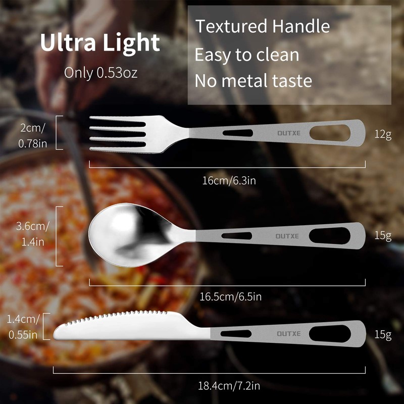 OUTXE Titanium Flatware Polished Knife Fork Spoon Set Lightweight Ti