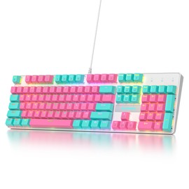 surmen Full Size Pink Creamy Keyboard with Number Pad, 104 Keys RGB Wired Mechanical Gaming Keyboard Backlit with PBT Keycaps Linear Red Switch for Laptop Desktop PC Gamers（104 Miami）