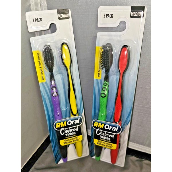 RM Oral Charcoal Whitening Medium Bristle Brushes 2 Packs of