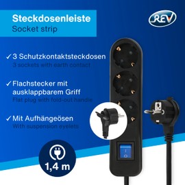REV 0014340500 Power Strip with Switch 3-Way Black Protective Contact Pack of 1