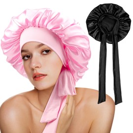 Gebrazy Pack of 2, Satin Hair Cap for Women - Double-Sided Silk Hood for Sleeping Sleep Cap Hair Protect for the Night Bonnet for Women and Girls, 1 black + 1 powdered