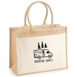 Motorhome Tote Bag – Campervan Travel Gift, Eco-Friendly Jute Shopping Bag with Cotton Pocket – Caravan Lovers, Road Trips, Camping & Van Life, Motorhome Gift (L)