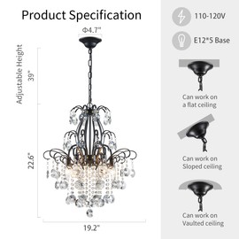 WUZUPS Crystal Chandelier 5-Light Pendant Ceiling Light Modern Lighting Fixture for Bedroom Hallway Bar Kitchen Bathroom, H 22.6'' x W 19.2'', E12 Base, Black