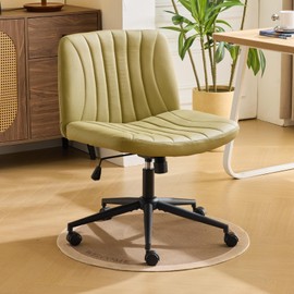 Karl home Criss Cross Chair Armless Desk Chair with Wheels Cross Legged Office Swivel Chair Wide Adjustable Comfy Padded Vanity Chair with Dual Purpose Base, PU Avocado Green