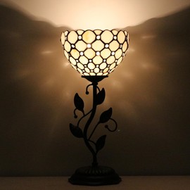 Small Tiffany Lamp Stained Glass Table Lamp Uplight Accent Lamp with Metal Leaf Base White Crystal Pearl Bead Style Desk Light 8X19 Inch for Home Office Living Room Bedroom