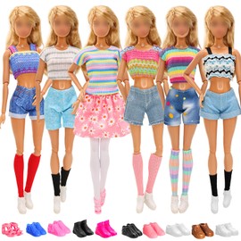 Miunana 17 PCS Girl Dolls Fashion Clothing Including Skirt,4 Tops + 3 Jean Shorts,4 Socks Random 5 Pairs of Flat Shoes for 11.5 Inch Girl Doll
