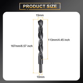 sourcing map 15mm Drill Bit 10mm Reduced Shank Round 4241 High Speed Steel Nitriding Black 118° Standard Point for Plastic Wood Copper Aluminum Iron Medium Soft Metal