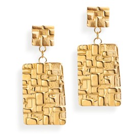 Frigotine Chunky Gold Rectangle Drop Dangle Earrings for Women, Vintage Trendy Statement Hammered Disc Geometric Square Earing Prom Fashion Jewelry Gift