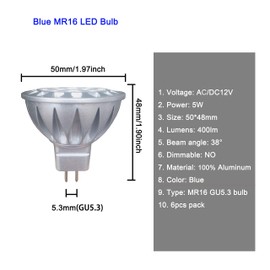 ALIDE MR16 GU5.3 Blue Led Bulbs 5W,20W 35W 50W Halogen Equiv,Low Voltage 12V MR16 Blue Color Bulb Spotlights for Outdoor Landscape Flood Yard Garden Tree Pool Step Lighting,Not Dimmable,38 Deg,6 Pack