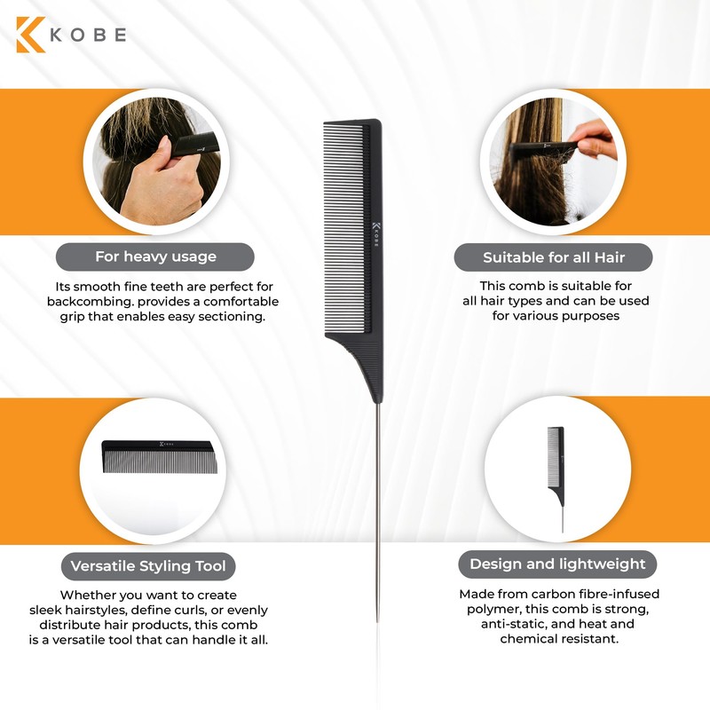Kobe Professional Carbon Fibre Metal Tail Comb, Fine Teeth Lightweight,