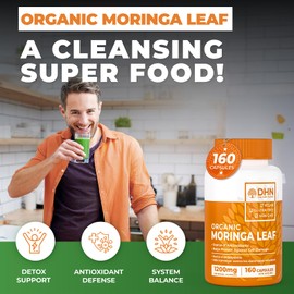 DH Nutrition 160 Organic Moringa Leaf Capsules | Organic Moringa Powder Supplement for Detox & Gut Cleanse | Antioxidant Support for Energy, Digestion & Inflammation | 100% Pure Moringa Leaf Powder | Made & 3rd Party Tested in Canada