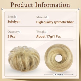 SOFEIYAN 2PCS Messy Bun Hair Piece Wavy Curly Chignon Extension Mini Messy Hair Bun Scrunchies Synthetic Donut Wig Accessory Updo Space Bun Hair Pieces for Women Girls, Golden/Bleach Blonde Mix
