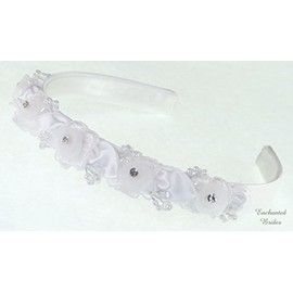 Child headband of organza-on-lace flower with rhinestone accent in center & with satin petals #818G0wh