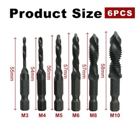 FortuneGlobe 6 Piece Combination Tap Set - Tap Sizes M3 x 0.5 M4 x 0.7 M5 x 0.8 M6 x 1.0 M8 x 1.25 M10 x 1.5 for Plastic Wood Aluminum Thin Not for Carbide