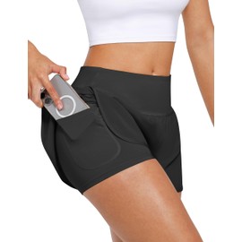 Cosmolle 2 in 1 Running Athletic Shorts for Women Tennis Shorts with Liner Jogging Shorts with Back Zipper Pocket (Black, Medium)