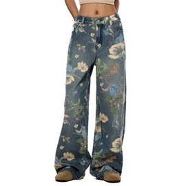 Women's High Waisted Wide Leg Jeans Flower Printed Straight Leg Baggy Jeans High Rise Loose Boyfriend Denim Pants Light Blue