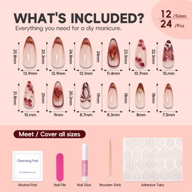 HOSAILY Dark Red Brown Gradient Leopard French Press on Nails Medium Almond with 3D Flowers & Gold Star & Cute Bow Design,24Pcs Glossy Vintage Autumn Full Cover Stick on Fake Nail for Women Daily Wear