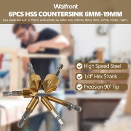 6 Pcs 1/4'' Hex Shank HSS 5 Flute Countersink Drill Bit Set 90 Degree Chamfer Countersink Set for Woodworking Drill 6mm-19mm