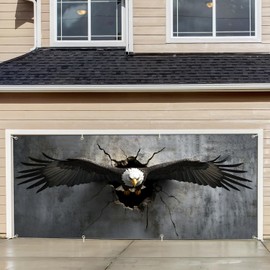 THISFIND 13×6 ft Eagle Breaking Through Wall Garage Door Banner – Cracked Concrete Effect, Outdoor Decor with Brass Grommets Hanging Rope
