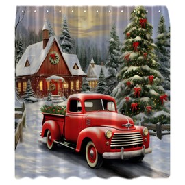 UPUMKSK Christmas Shower Curtain Vintage Red Truck Wooden Cabin Xmas Tree Forest Farmhouse Rustic Retro Car Winter Holiday Festival Happy New Year Bath Curtain with Hooks