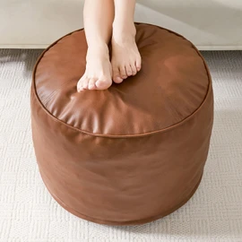 HIGOGOGO Round Stuffed Pouf Ottoman, Pu Leather Poufs with Foam Chunk Filling, Furry and Fluffy Pouf Foot Stool Storage Ottoman, 20 X 15 Floor Poufs Foot Rest for Living Room,Dark Brown