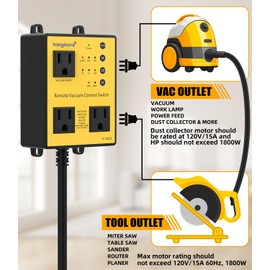 Automatic Vacuum Switch with Remote, 3/7/10s Delay Auto Vacuum Switch for Various Power Tools, Dust Collector On/Off Delay to Prevent Circuit Overload and Tripping, Keep Your Workplace Clean