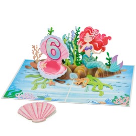 POPWOW Happy 6th Birthday Pop Up Card, Mermaid, Pearl Shell, Ocean, 3D Greeting Card, Gifts for Girls, Daughter, Granddaughter, Niece, 5x7 - Includes Envelope And Message Note