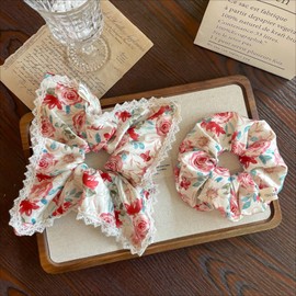 Qigfucm 2 Pack Vintage Floral Square Hair Scrunchies for Women Girls, Oil Painting Style Large Scrunchies Hair Ties, Cottage Core Buns Ponytail Holders for Wedding Party (Red Rose)