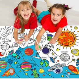 Leezead Outer Space Coloring Poster, Large Space Coloring Tablecloth Solar System Space Themed Coloring Poster Table Cover Space Activity Poster for for Boys Girls Space Birthday Party Supplies