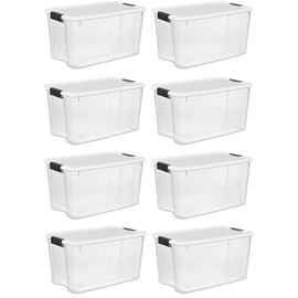 STERILITE 19889804 70 Quart/66 Liter Ultra Latch Box, Clear with a White Lid and Black Latches, 8-Pack