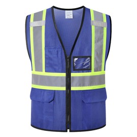 HATAUNKI Reflective Safety Vest for Men Women Hi Vis Vest with Pockets High Visibility Vest Mesh Construction Vests Meets ANSI/ISEA Standards (Blue-33, X-Large)