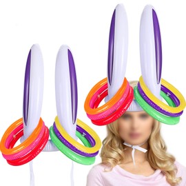 Konsait Easter Toss Games, 2pcs Inflatable Bunny Ears Hat with 12pcs Toss Rings Fun Easter Games for Kids Adults Family Indoor Outdoor Easter Toys Easter Party Games