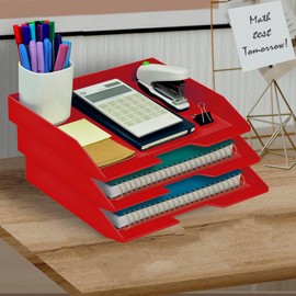 Acrimet Stackable Letter Tray 3 Tier Side Load, Plastic, Desktop File Organizer (Solid Red Color)