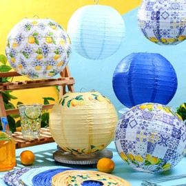 Retisee 12 Pcs 10'' Capri Lemon Pattern Paper Lantern Party Supplies for Bridal Shower Wedding Amalfi Coast Blue Yellow Tiles Mediterranean Party Paper Lantern Hanging Decor for Lemon Birthday