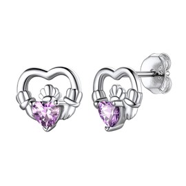 Hypoallergenic 925 Sterling Silver Claddagh Celtic Knot June Birthstone Purple Earrings, Birth Stone Jewelry Dainty Cute Stud Heart Shaped Hoop Earrings for Women Teen Girls