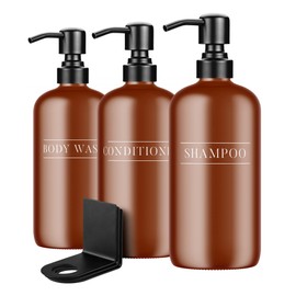 1- SHOPPE Amber Plastic Bottle with Black Bracket| Refillable Liquid Soap Dispenser | 16 oz Shampoo, Conditioner and Body Wash Pump Bottles for Homes, Hotels, & Vacation Rental Bathrooms | Two Bottles