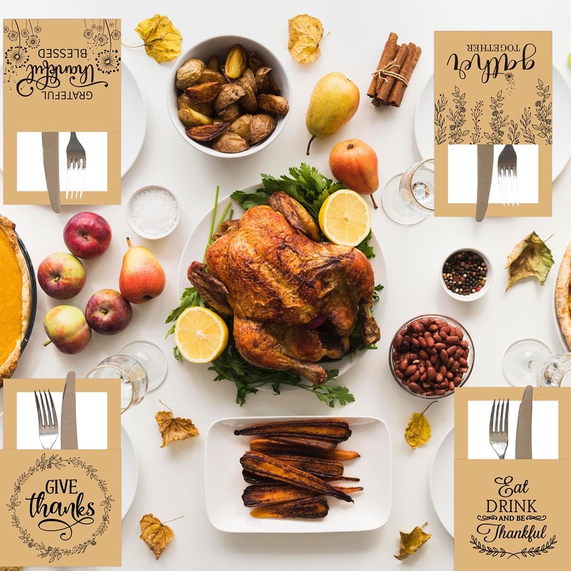 Whaline 100Pcs Thanksgiving Turkey Cutlery Paper Holders Rustic Kraft Utensil
