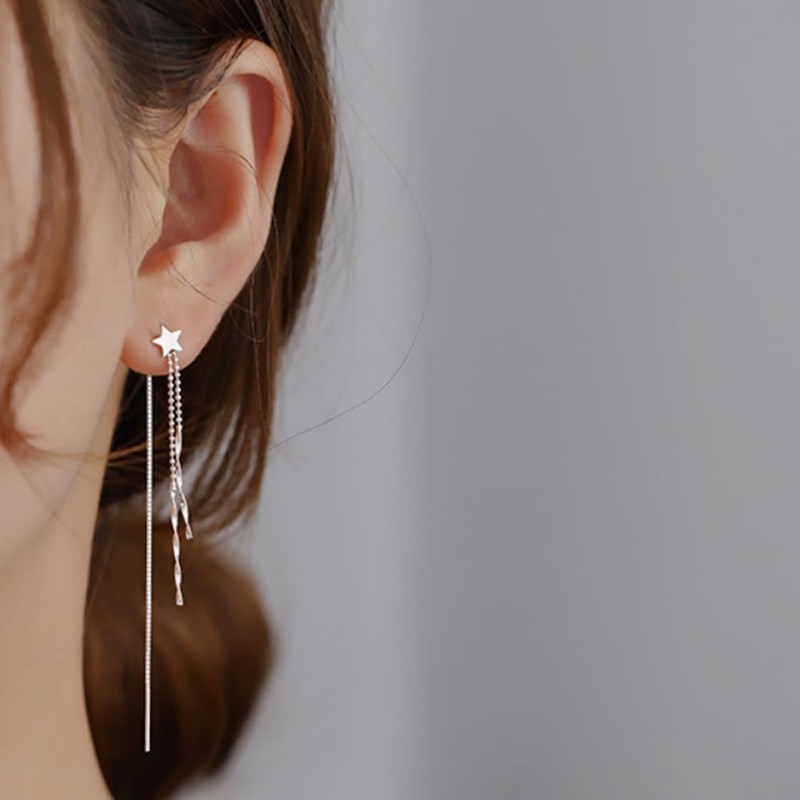 Sterling Silver Long Pull Through Threader Star Bead Wavy Tassel