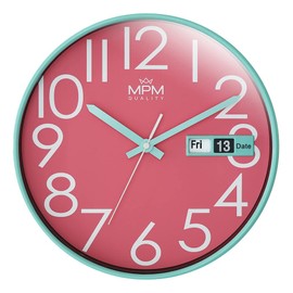 MPM Quality Design Wall Clock, Turquoise/Pink, Date Display, Precise Quartz Movement, Diameter 305 mm, Modern Wall Decoration for Living Room, Bedroom or Office