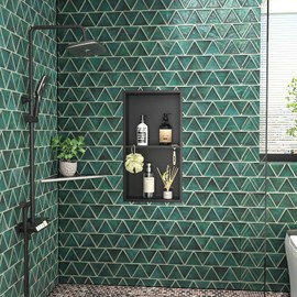 Bernkot Stainless Steel Shower Niche, Wall Vertical Niche Without Tiling, Recessed Shower Shelf w/Hooks for Bathroom Storage, Over-Mount Installation (Black, 12'' x 24'')