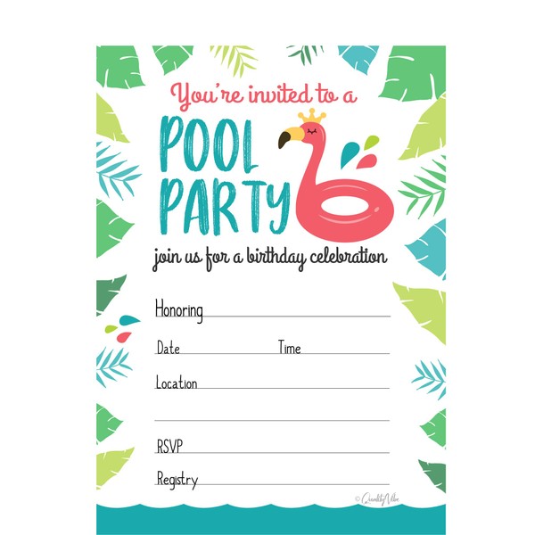 25 Pool Party Birthday Invitations with 25 White envelopes. This Summer Pool Theme Birthday invites Style has Flamingo & Water Splash. Your Kids Summer Pool Party bash Starts with This Invitations.